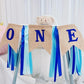 1st Birthday Highchair Banner Blue Burlap Design, Baby First Birthday Party Supplies, Perfect for High Chair Decor Wall Art Hanging and Cake Smash