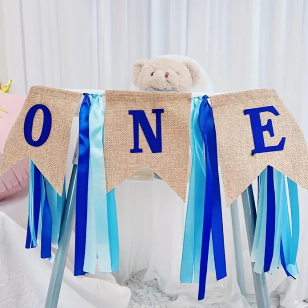 1st Birthday Highchair Banner Blue Burlap Design, Baby First Birthday Party Supplies, Perfect for High Chair Decor Wall Art Hanging and Cake Smash