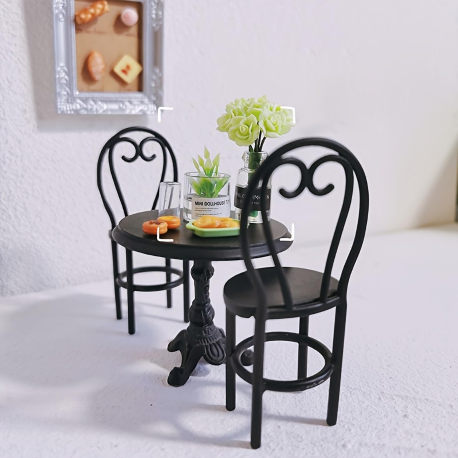 1:12 Miniature Dining Table and Chairs Set, Set of 3 Dollhouse Furniture, Decoration in Miniature (Black)
