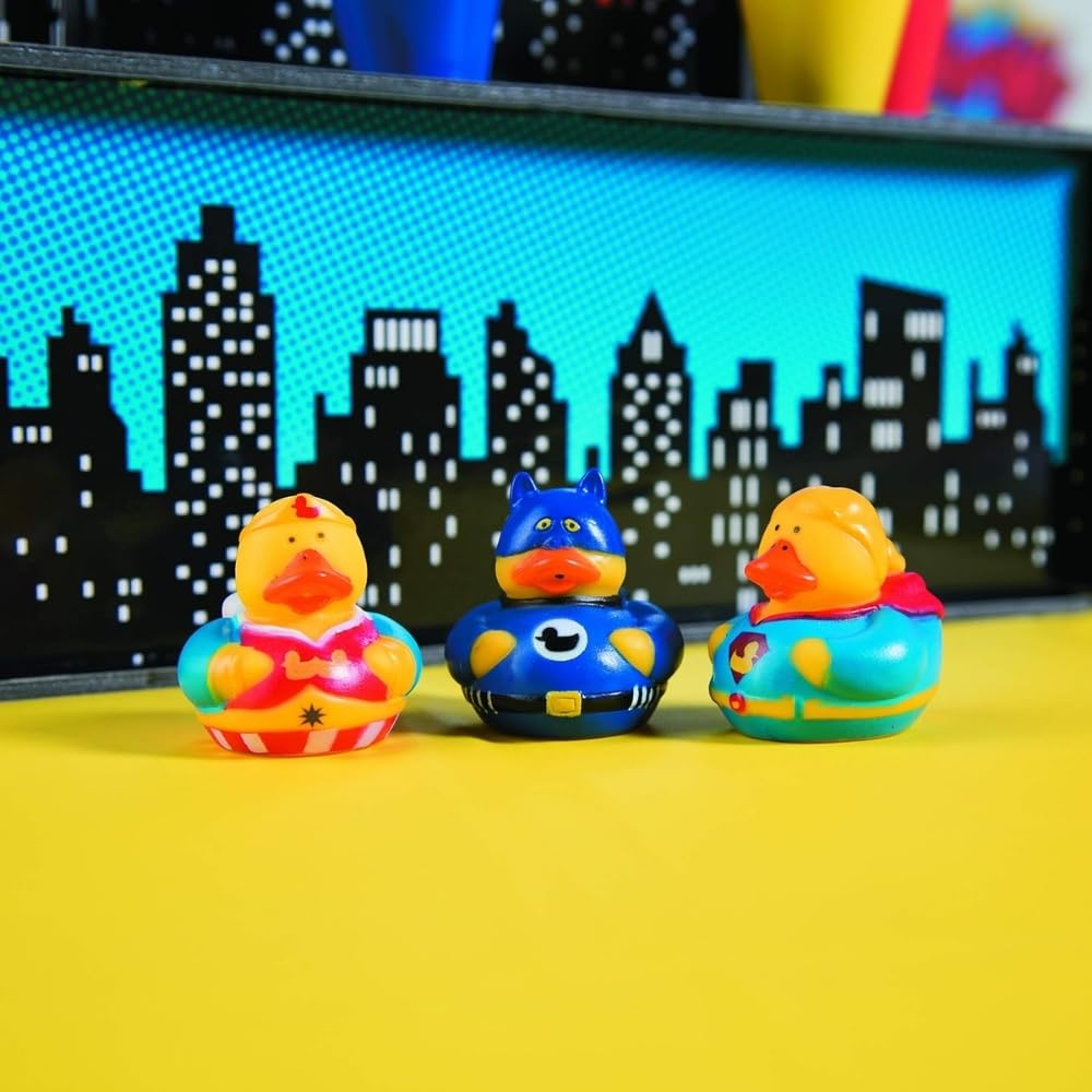 Fun Express Superhero Rubber Duckies (1 dz) Superhero Themed Party Favors, Character Toys, Rubber Duckies - Multi-Colored