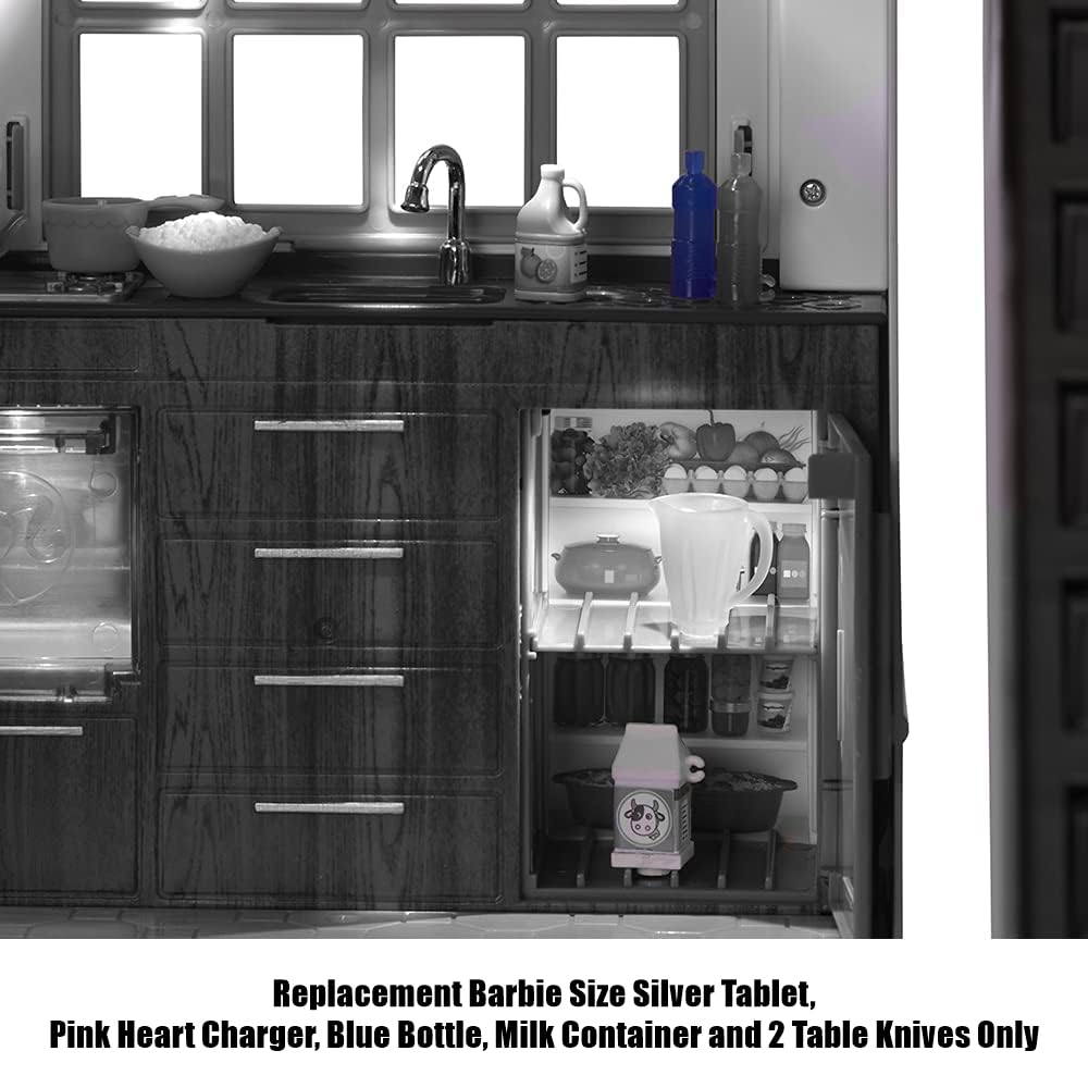 Mattel Replacement Parts for Barbie Doll Hello Dreamhouse - DPX21 ~ Replacement Barbie Size Silver Tablet, Pink Heart Charger, Blue Bottle, Milk