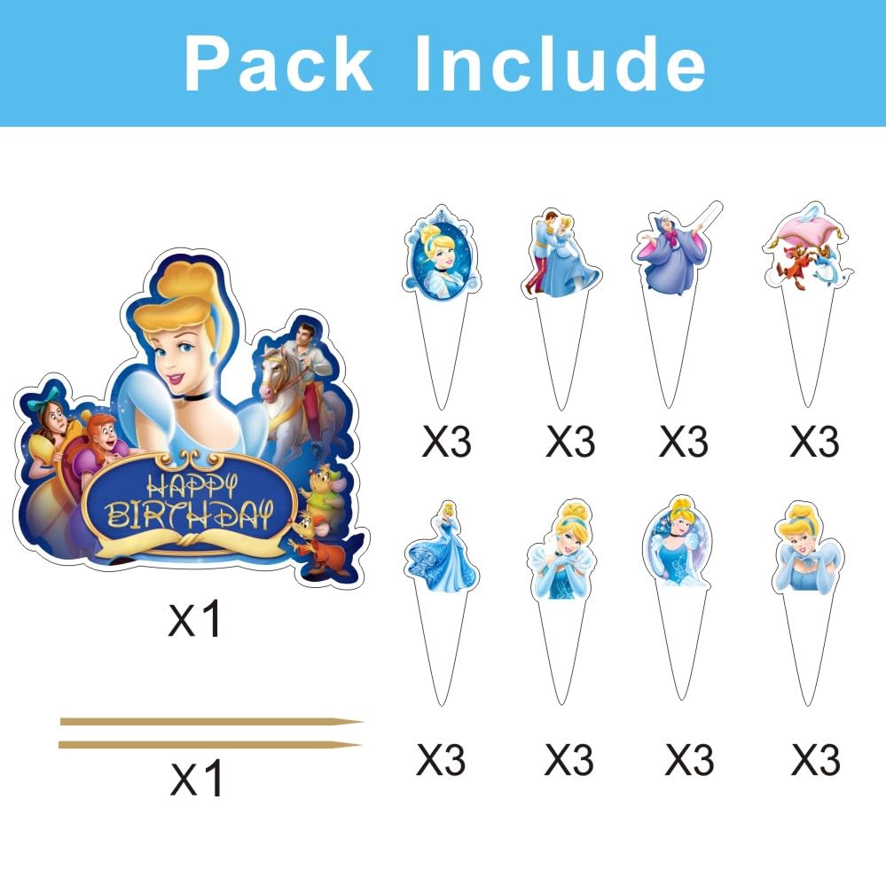 25Pcs Cinderela Cake Decorations with 24pcs Cupcake Toppers 1pcs Cake Topper for Girls Birthday Party Supplies