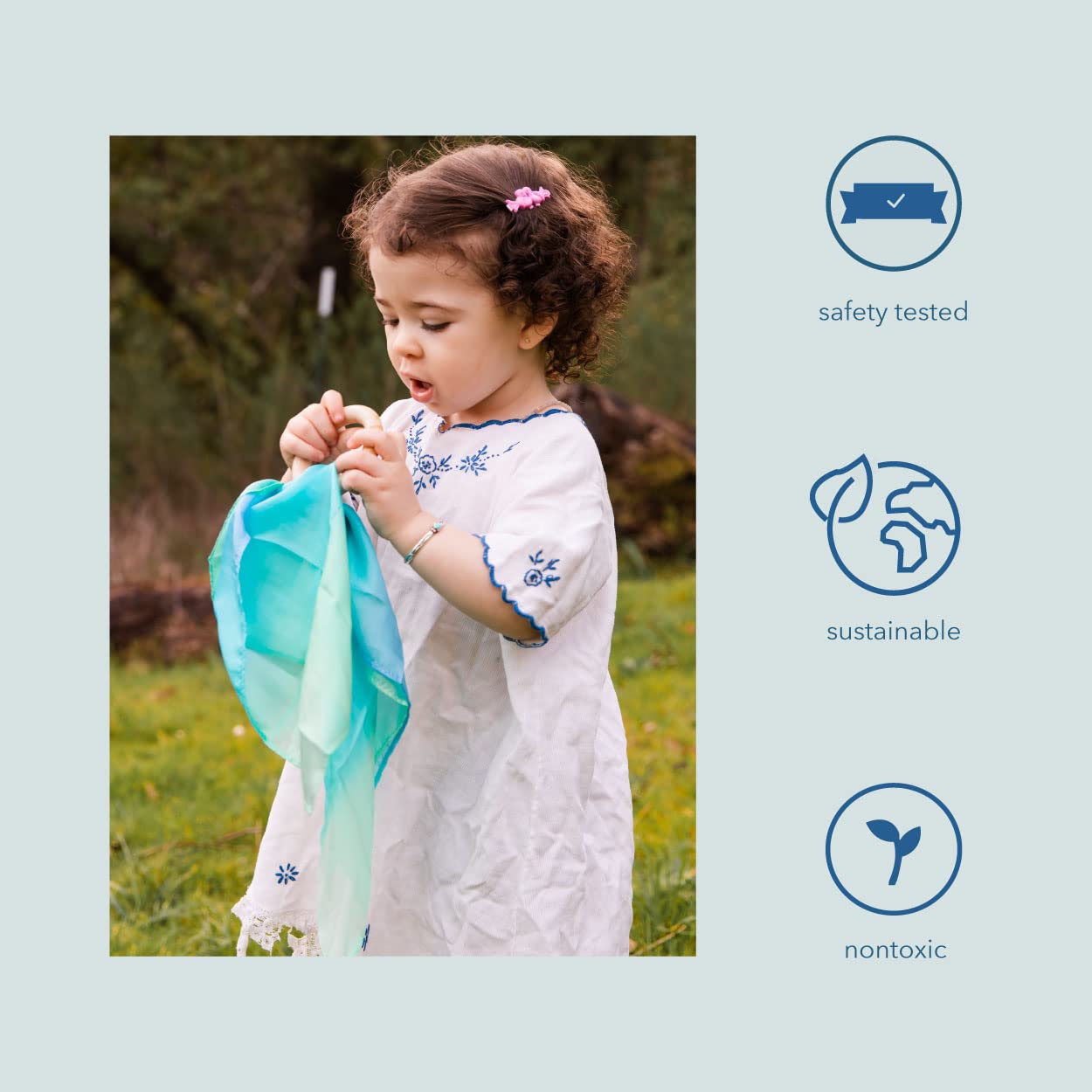 Sarah's Silks Silk and Wood Baby Teether Toy for Babies 3 Months and Older - Sea