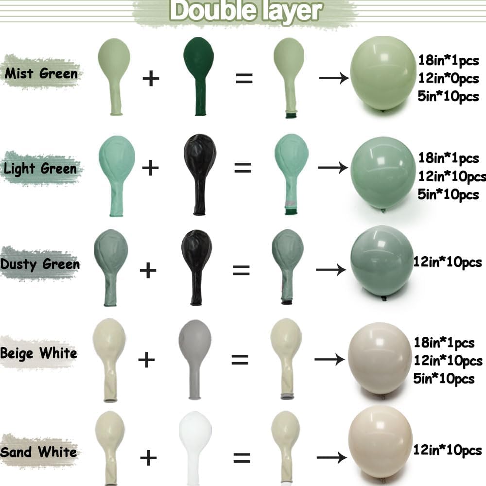 Dusty Green White Sand Balloon Garland - Double Stuffed Light Sage Green White Cream Balloon Arch Kit Latex Olive Beige Balloons for Baby Shower
