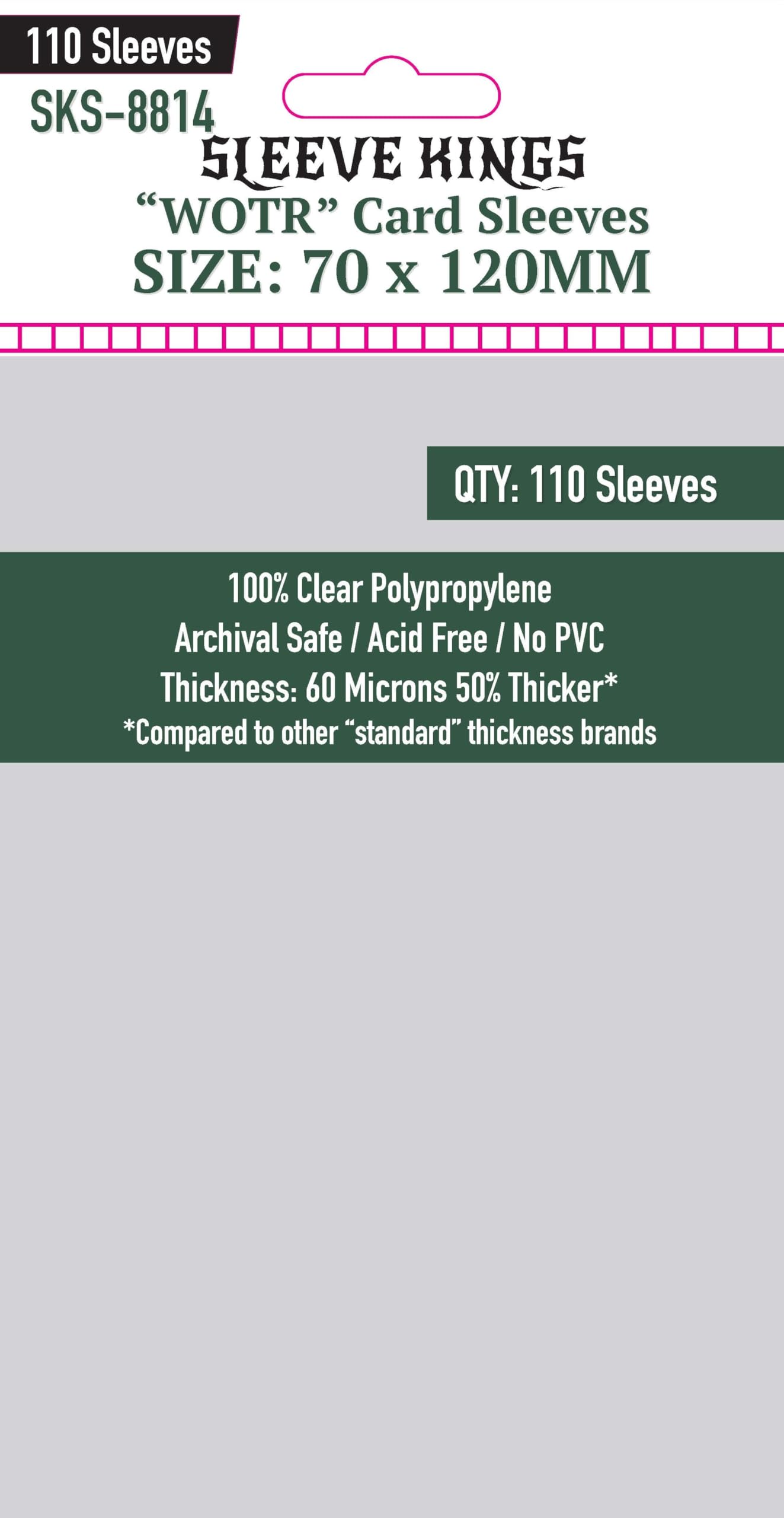 Sleeve Kings Standard Card Sleeves - 110 Count, Clear 60 Micron Thickness, Large Size (70 x 120 mm), Compatible with Cascadia & More - SKU: SKS-8814