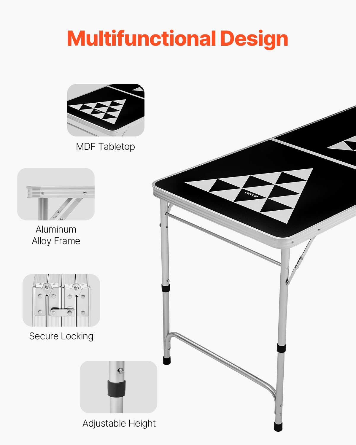 VEVOR 8 Foot Portable Beer Pong Table, Carrying Handles and 6 Pong Balls, Adjustable Height, Lightweight Table for Office, Tailgate Party, Travel
