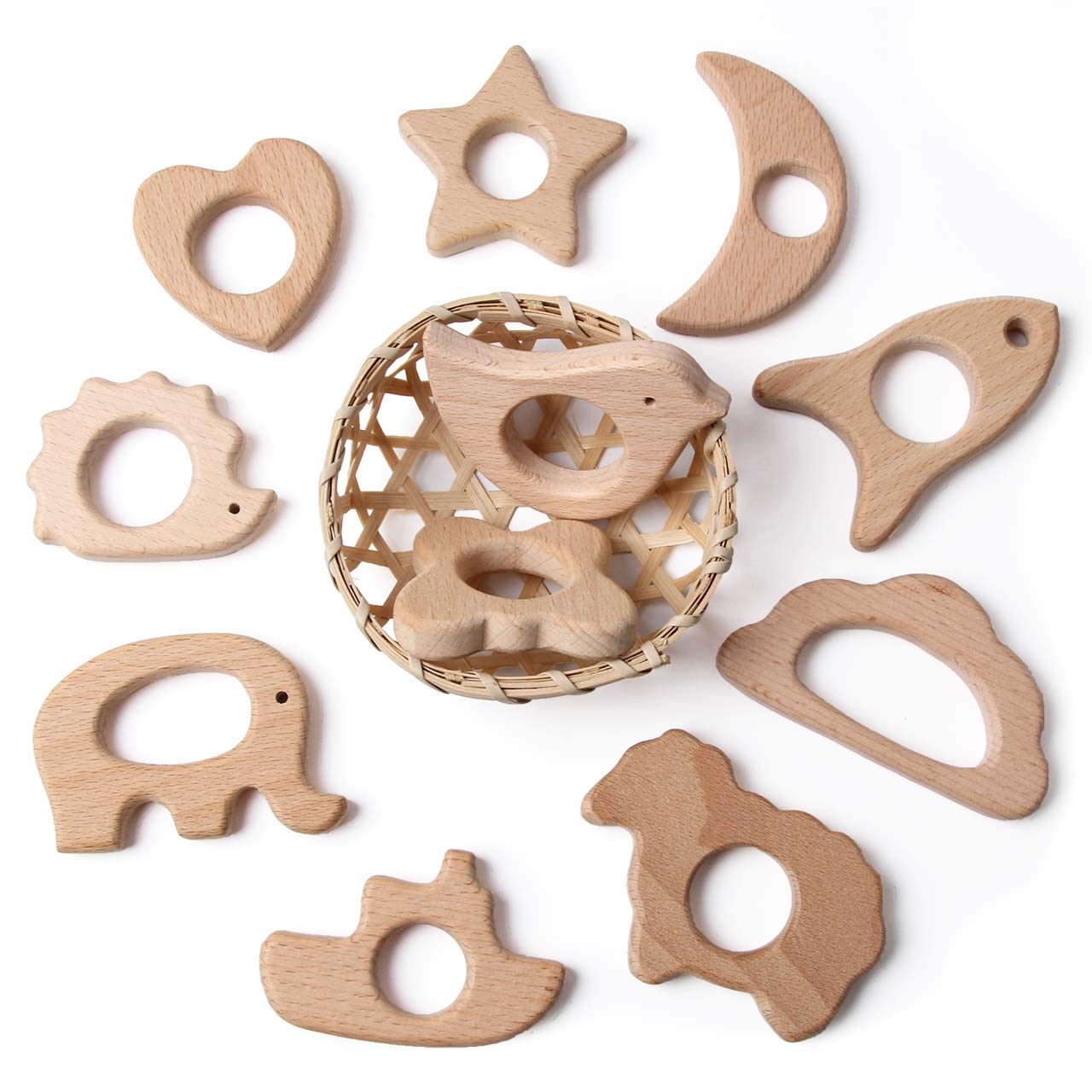 Wood Teethers for Babies DIY Necklace and Bangles Soothes Gum Pain Molar Teething Wood, Bird Elephant Sheep Moon Rocket Butterfly Star Heart Hedgehog