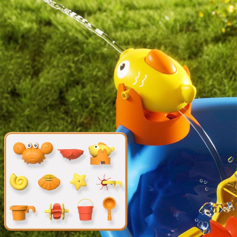 Bo-Toys 3-in-1 Sand and Water Table for Toddlers Ages 3+, Large Outdoor Sensory Play Table with Double-Layer Waterfall, Push-to-Squirt Fish, Spinning