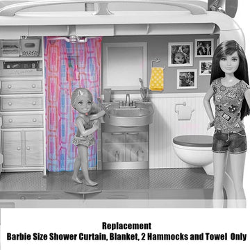 Mattel Replacement Barbie Size Shower Curtain, Blanket, 2 Hammocks and Towel for Barbie Camper Playset - FBR34, Pink, Blue, Yellow