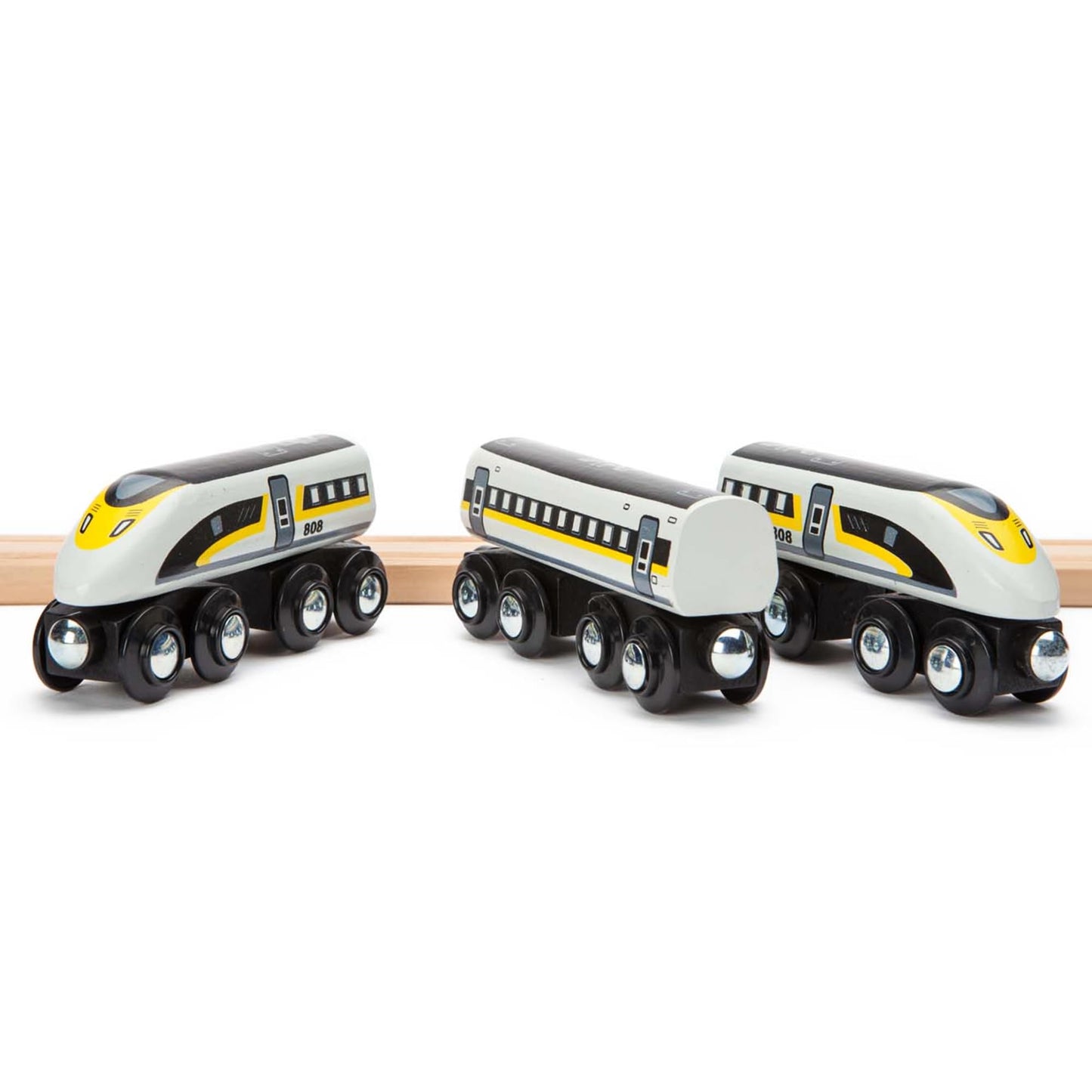 Maxim Enterprise, inc. Wooden Bullet Train, Wooden Train Set of 2 Modern Engines 1 Sleek Passenger Car with Magnetic Connectors, Compatible