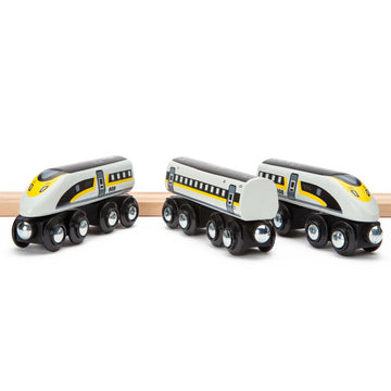 Maxim Enterprise, inc. Wooden Bullet Train, Wooden Train Set of 2 Modern Engines 1 Sleek Passenger Car with Magnetic Connectors, Compatible