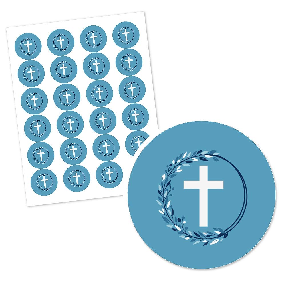 Big Dot of Happiness - Personalized Blue Elegant Cross - Custom Boy Religious Party Favor Circle Sticker Labels - Custom Text - 24 Count
