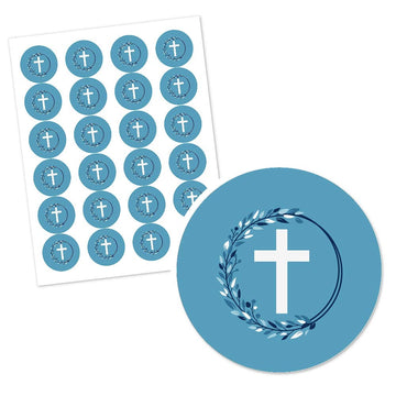 Big Dot of Happiness - Personalized Blue Elegant Cross - Custom Boy Religious Party Favor Circle Sticker Labels - Custom Text - 24 Count