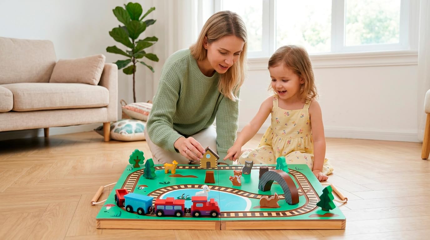 Imagine & Play Nature Explorer - 17 Piece Wooden Train Set with Foldable Carrying Board, Forest Animals & Bridge - Toddler Toys, Train Toys, Toys