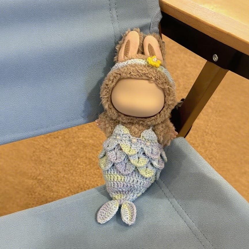 TuffSupplies Doll Clothes for Labubu - Blue Mermaid, 2pcs Handcrafted Crochet Outfit with Headband & Dress, Adorable Designer Swimsuit for 17cm Dolly