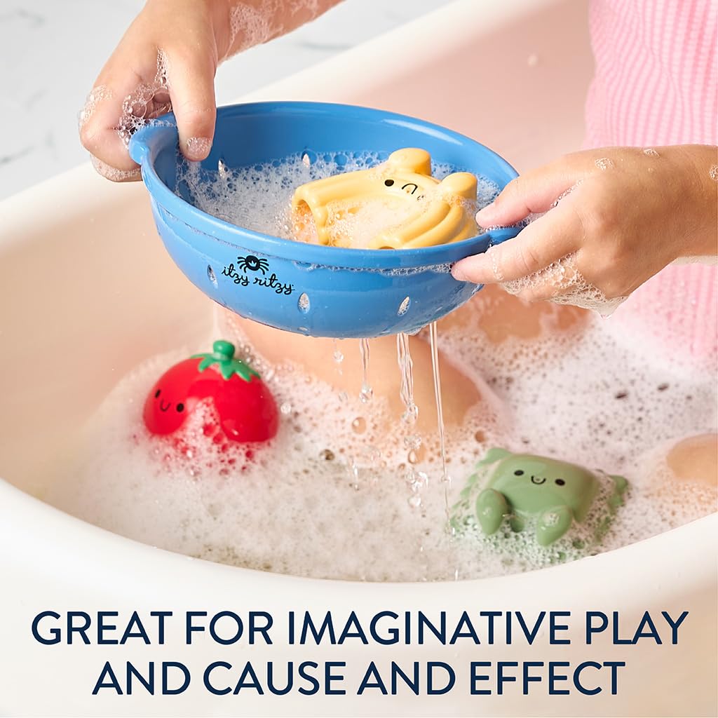 Itzy Ritzy Bath Squirter Toys - Set of 3 Textured, Pasta-Shaped Bath Toys & 1 Sprinkle Strainer - Itzy Splash Pals Promote Sensory Play, Cause
