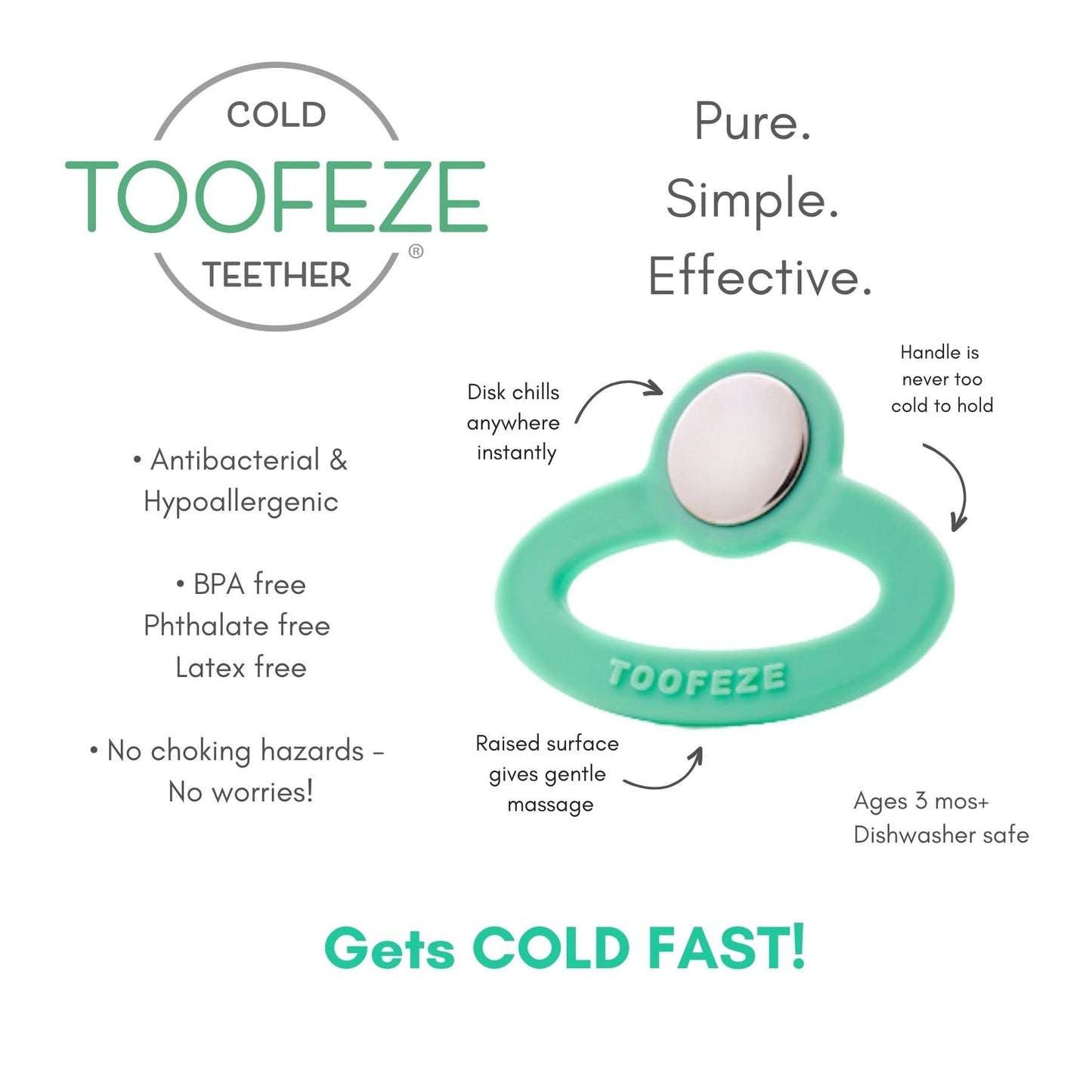 Toofeze Ice Cold Baby Teether Toy Fast Pain Relief All Natural Silicone and Stainless Steel Ages 3 Mos+ (Mint Green)