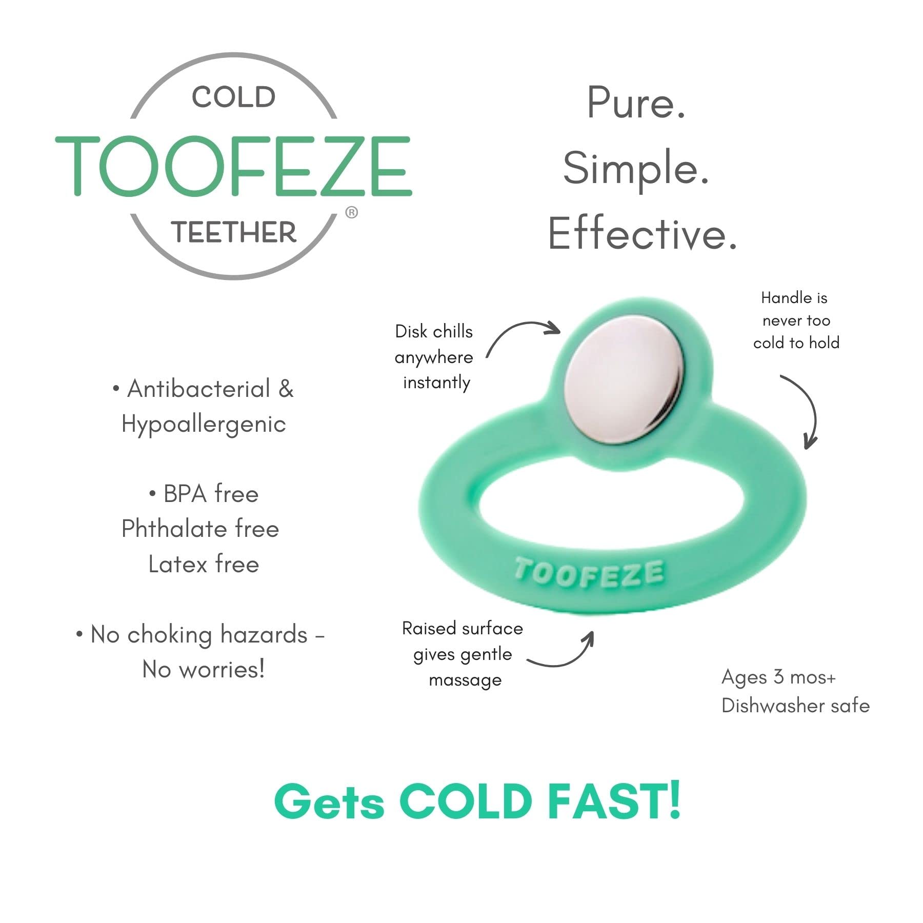 Toofeze Ice Cold Baby Teether Toy Fast Pain Relief All Natural Silicone and Stainless Steel Ages 3 Mos+ (Mint Green)