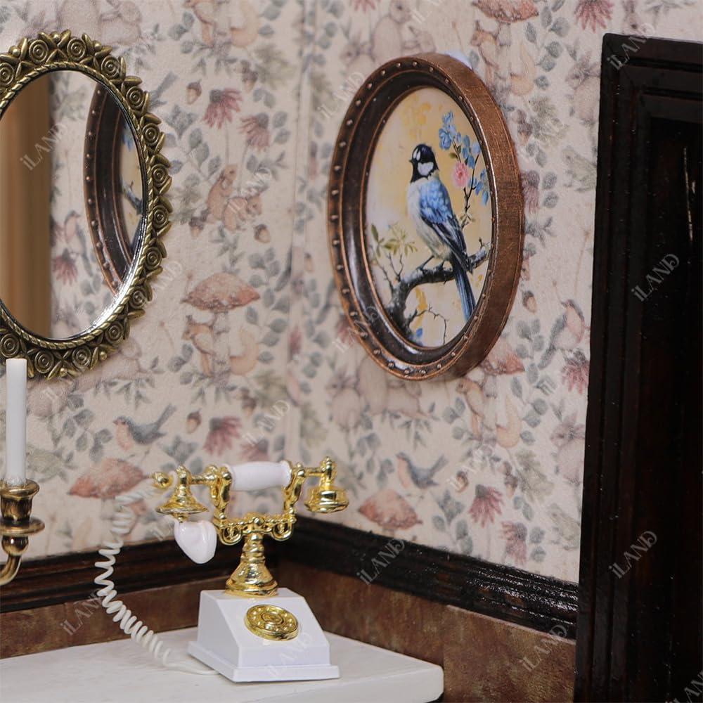 iLAND 1/12 Scale Accessories, 4 Dollhouse Picture Frames w/ 4 Paintings (Flowers & Birds)
