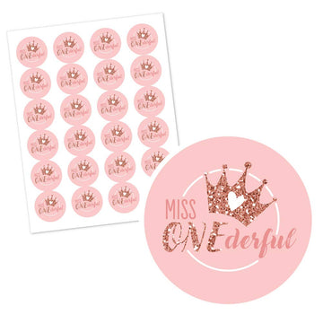 Big Dot of Happiness Personalized 1st Birthday Little Miss Onederful - Custom Girl First Birthday Party Favor Circle Sticker Labels - Custom Text - 24