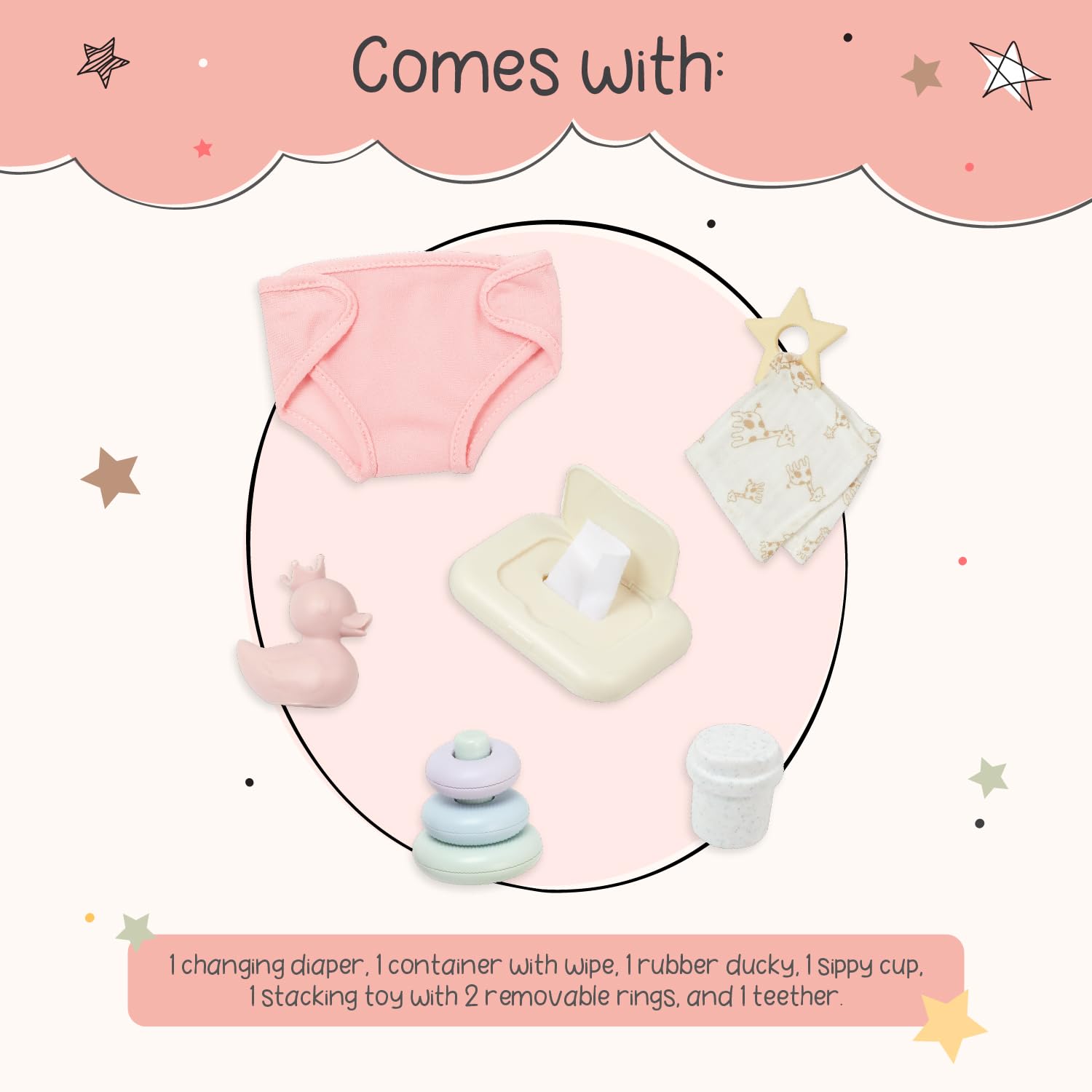 LullaBaby - 9 Pieces Changing Set - Diaper, Baby Wipes & Stacking Rings -14-Inch Baby Doll Accessories - Pretend Play 2+ Years - Play & Care Set