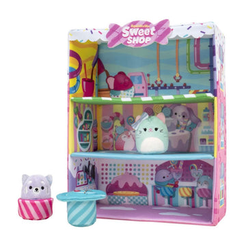 Squishville by Original Squishmallows Sweet Shop - Playset with 2-Inch Priya The Purple Panda, Tres’zure The Teal Cat & Bistro Table and Chair - Toys