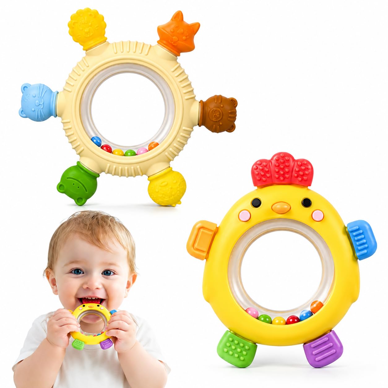 VISEWI 2 Pack Sensory Toys for Babies,Baby Teething Rings Toys for 0-6 6-12 Months Baby Rattle Teether Silicone Teether Relief Chew Soothing,BPA