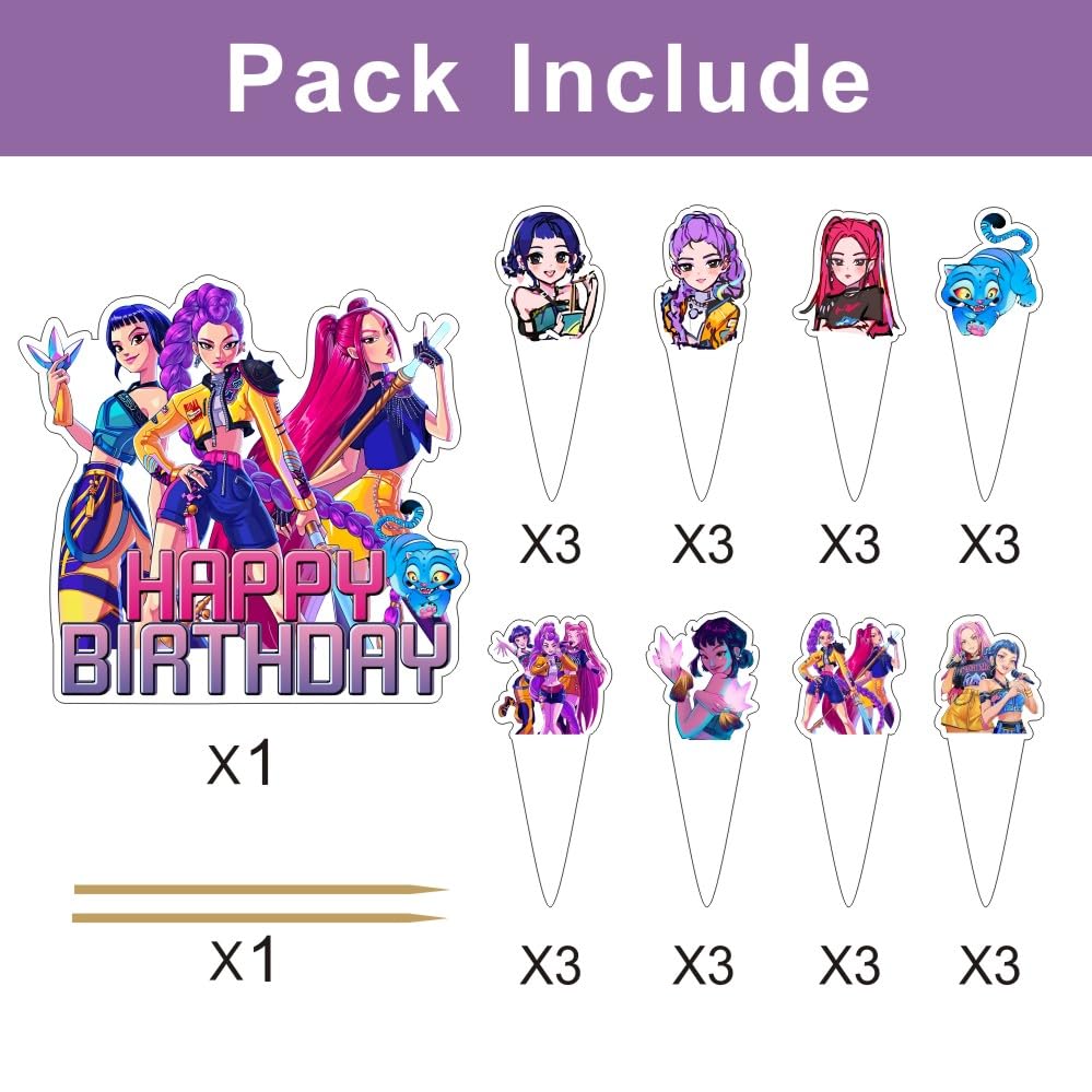 25pcs Demon Hunters Cake Decorations with 24pcs Cupcake Toppers, 1pcs Cake Topper for Demon Hunters Birthday Party Supplies Kids Birthday Decorations