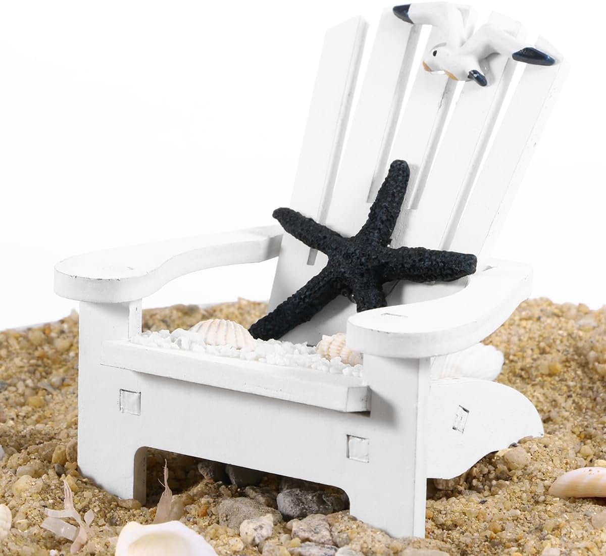 Beach-Themed White Miniature Beach Chair - Nautical Starfish and Seagull Design, Solid Wood Mediterranean Style Dollhouse Decoration, Creative DIY