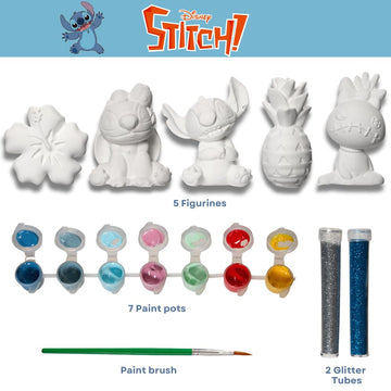 Disney Stitch DIY Paint Your Own Figurines Arts and Crafts Set for Kids, Paint, Paint Brush, and Glitter