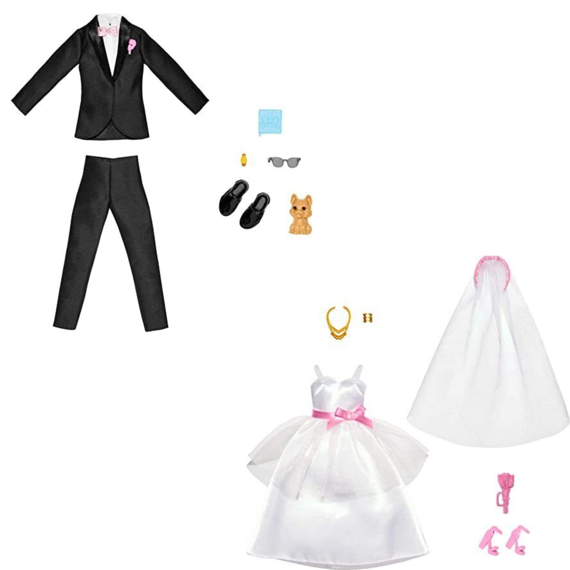 Barbie and Ken Bride and Groom Set of 2 Fashion Packs with Wedding Dress and Tuxedo Doll Outfits Bundle