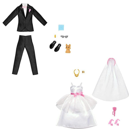 Barbie and Ken Bride and Groom Set of 2 Fashion Packs with Wedding Dress and Tuxedo Doll Outfits Bundle