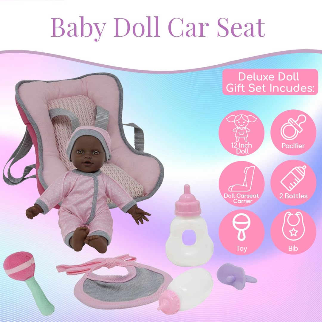 African American Doll Travel PlaySet - Baby Doll Car Seat Carrier Backpack with 12 Inch Soft Body Doll Includes Doll Bottles and Toy Accessories …