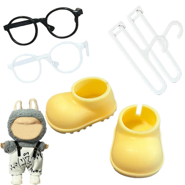 Mini Doll Shoes for 17cm Collectible Figures - 1 Pair Stylish Sneakers with 2 Glasses & 2 Hangers - Accessories for 17cm Dolls (No Doll) (Yellow Suit)
