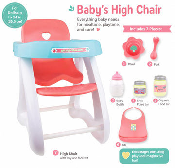 JC Toys - Doll High Chair | Fits Dolls up to 17" | Easy to Clean | Simple Assembly | 7 Piece Play Set| Ages 2+, Pink/Blue