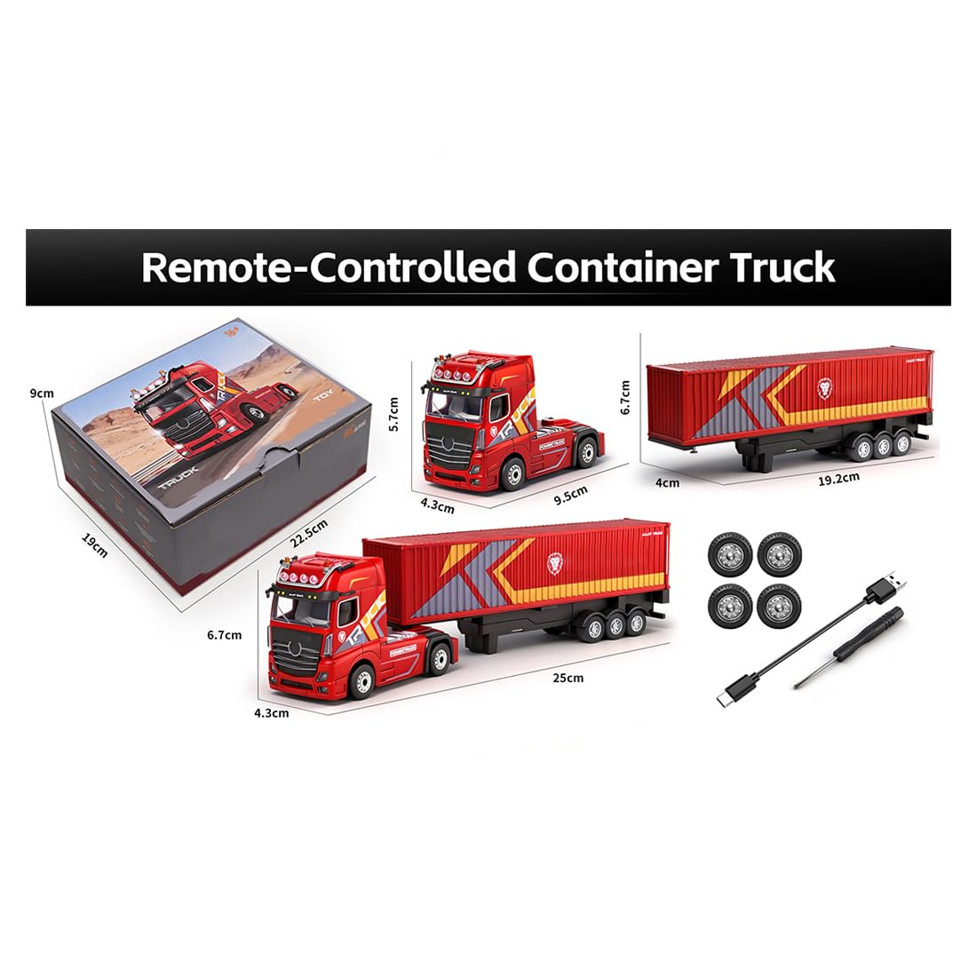 Keetopteep RC Semi Truck with Trailer, 1:64 Scale 2.4GHz Remote Control Container Truck with LED Lights, Independent Suspension, Three-Speed Control