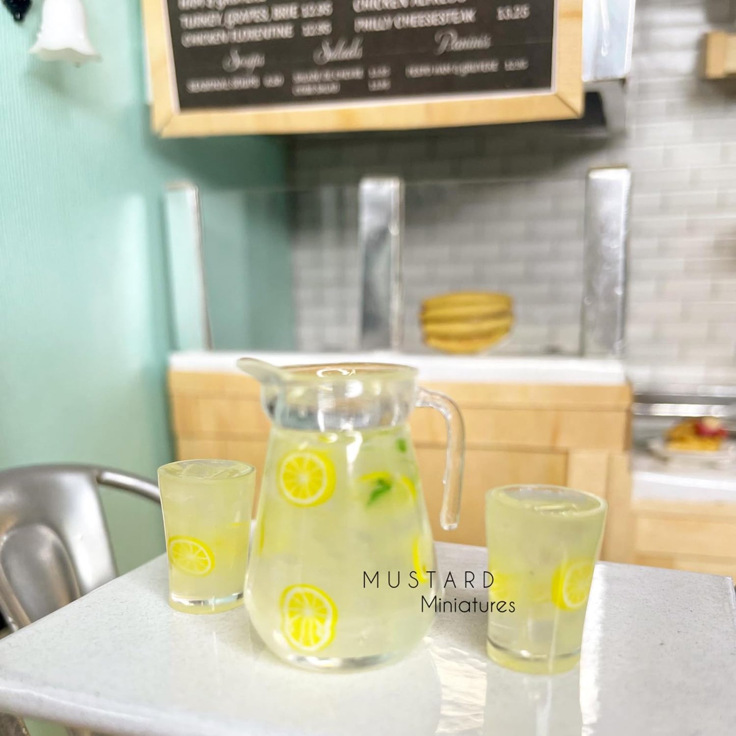 3pcs Miniature Lemonade Pitcher Set, Dollhouse Glasses Bottle Lemonade, Mini Lemon Fruit Ice Tea, for Dollhouse Miniature Kitchen, Fairy Garden