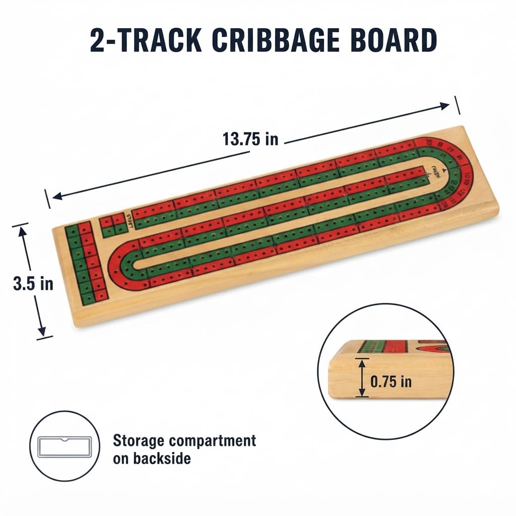 Wooden 2 Track Cribbage Board with 6 Matching Plastic Pegs, Classic Cribbage Game Board with Screen Printed Red and Green Tracks, Backside Peg