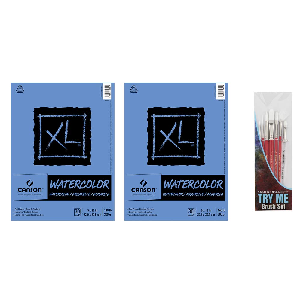 2 Pack XL Series Watercolor Paper Pad 9" x 12" Bundle with Try Me Watercolor Paintbrush Set- Cold Press 140lb 300gsm Includes (2) 30 Sheet Packs & 7pc
