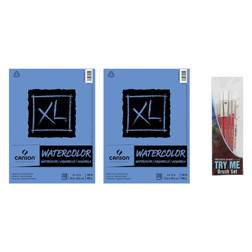 2 Pack XL Series Watercolor Paper Pad 9" x 12" Bundle with Try Me Watercolor Paintbrush Set- Cold Press 140lb 300gsm Includes (2) 30 Sheet Packs & 7pc
