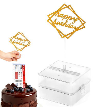 SIENON Surprise Cake Pull Out Box Cake Topper Kit, 1Pc Clear Food Contact Safe Box, 1Pc Gold Happy Birthday, 20Pcs Pockets for Birthday Graduation