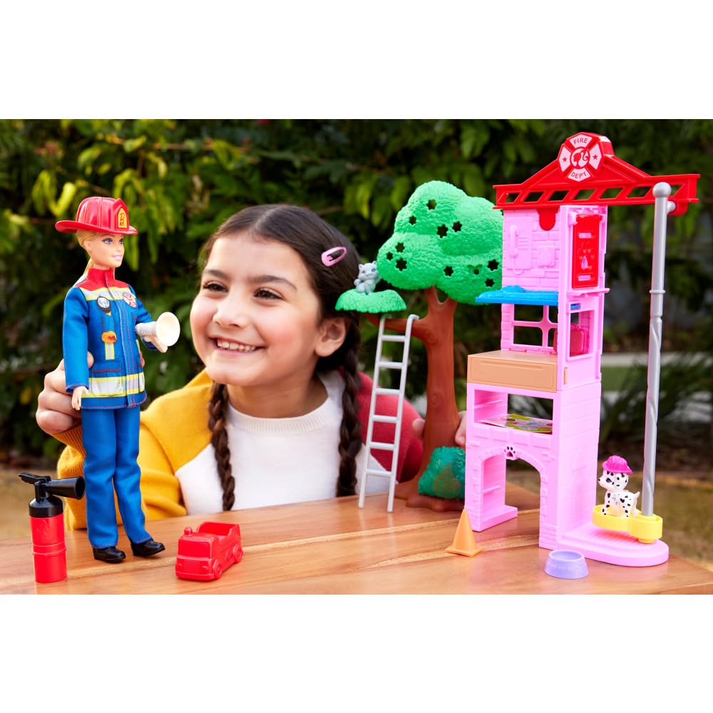 Barbie Careers Firefighter Doll & Playset with Fire Station & Tree, 2 Pets, Color-Change & 10+ Accessories Including Fire Extinguisher Squirt Toy