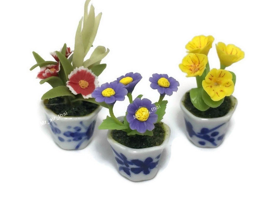 3pc Miniature Flower Clay Dollhouse Fairy Garden Mini Plant Trees Ceramic Furniture Bundles Artificial Flowers Tiny Orchid #083