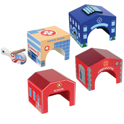 Constructive Playthings Community Wooden Toys and Helicopter Set for Ages 3+, 5-Piece Toddler Imaginative Play Set with Firehouse, School, Hospital