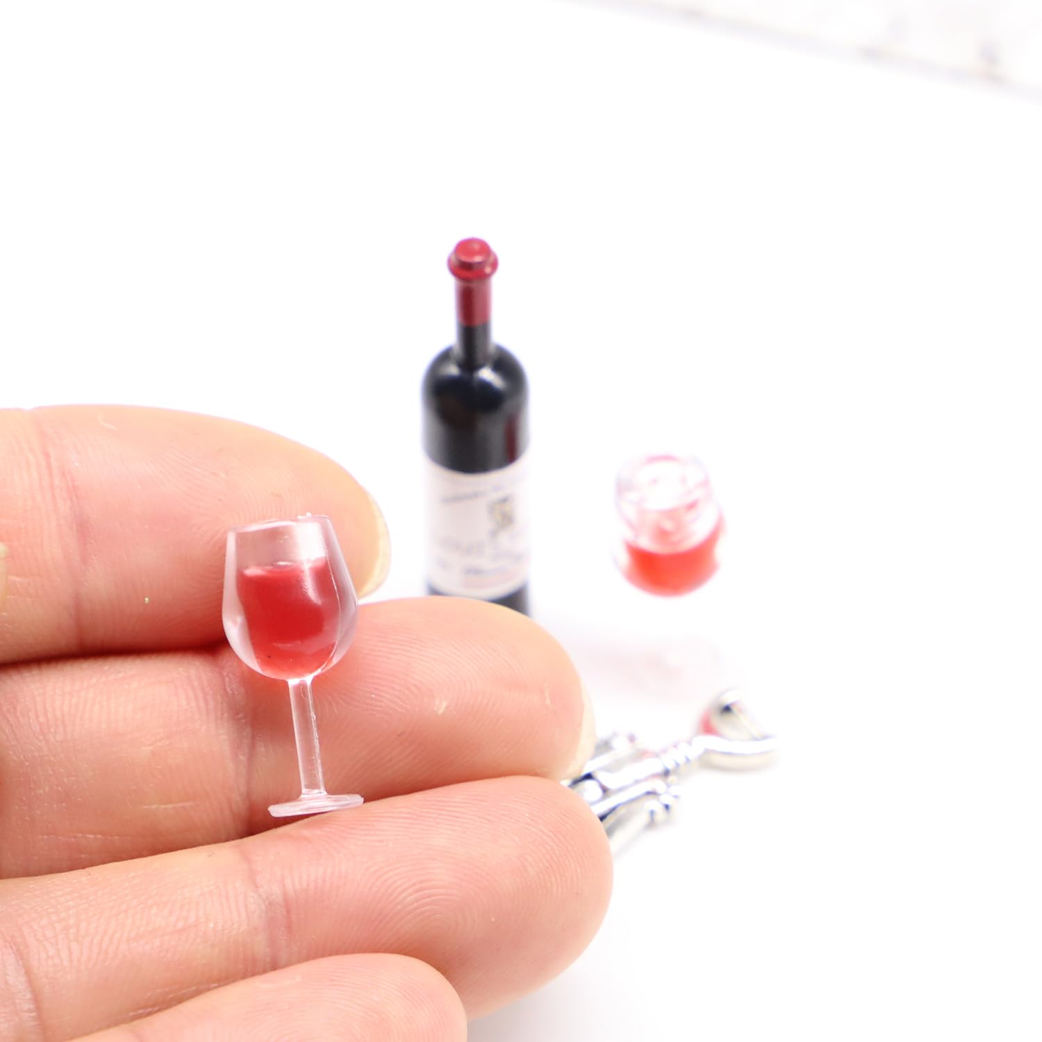 Miniature Red Wine Bottle Set, One Bottle with 2 Resin Filled Wine Glasses and Corkscrew, Dollhouse Wine Bottle, Dollhouse Wine Glasses, for Model
