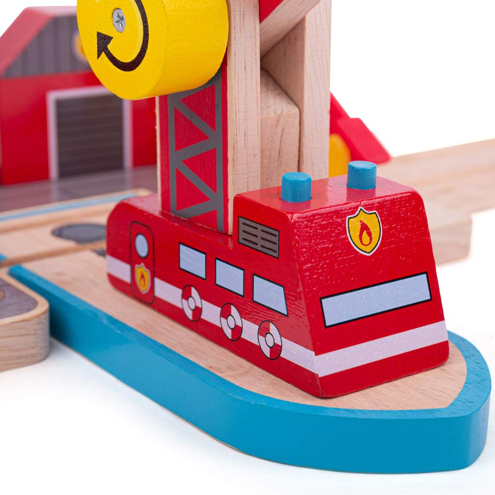 Bigjigs Rail Fire & Sea Rescue | Wooden Train Set Accessories | Emergency Services Toys | Expansion Pack for Wood Railway Track | Includes Crane