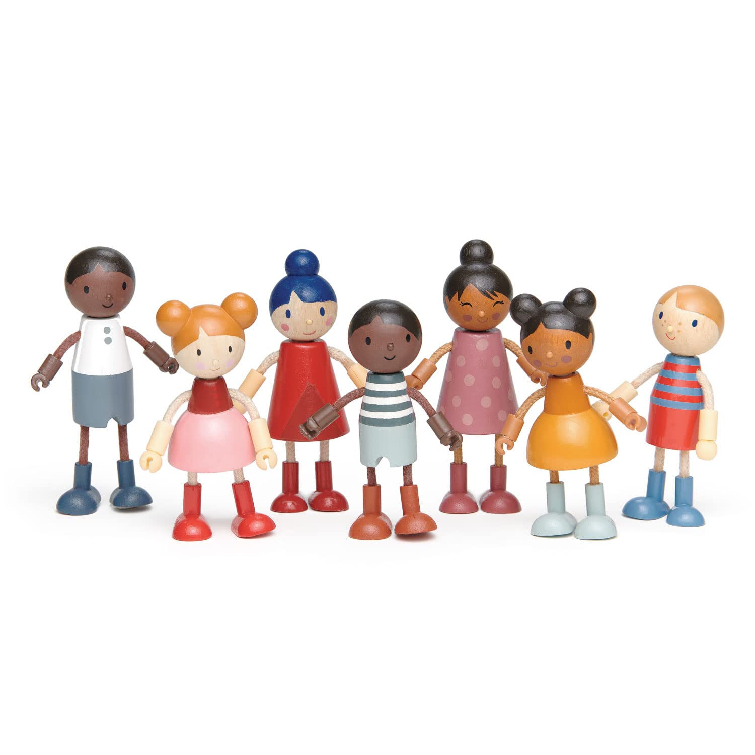 Tender Leaf Toys - Doll Family - Cute Wooden Flexible Doll Family for Kid's Dollhouse, Four Pcs of Multicultural Mom, Dad, Boy and Girl - Age 3+