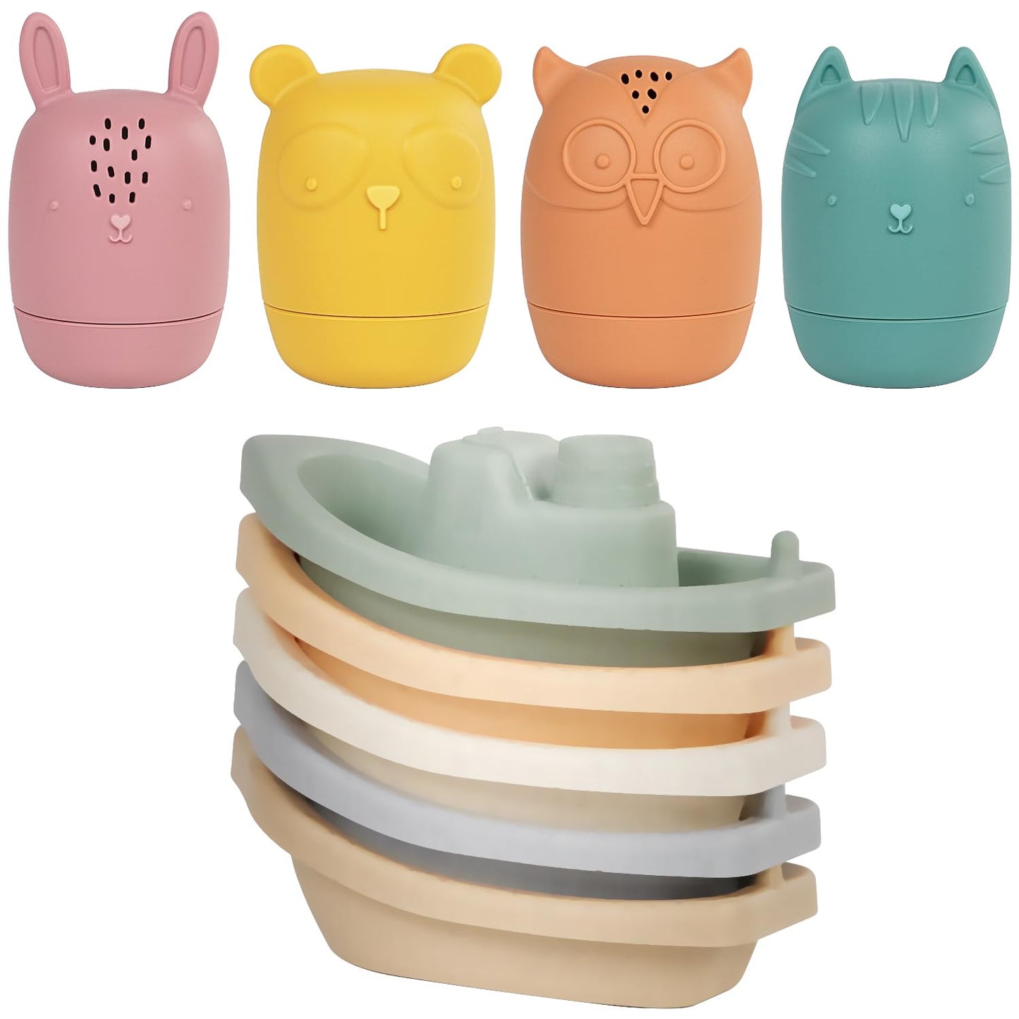 Baby Bath Toys Stackable Boats with Soft Silicone Squirt Water Animal Toys, 9 Pcs Floating Stacking Boat Bathtub Shower Pool Beach Toys for Toddler