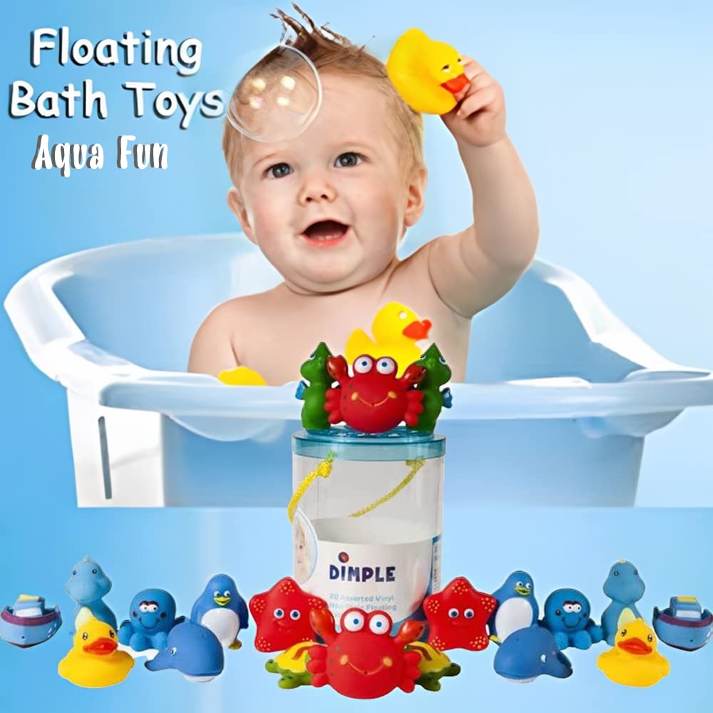 Dimple Bath Toys Set of 20 Vinyl Non-Toxic Floating Ocean Sea Animal Bathtub Toy, Assorted Colors and Shapes, Squeeze to Spray! Tons of Fun, Great