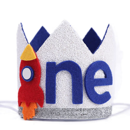 Boy Rocket's Cosmic Birthday Crown - Space Theme High Chair Banner, 3 2 1 Lift-Off, Circle The Sun, Rocket Ship Style